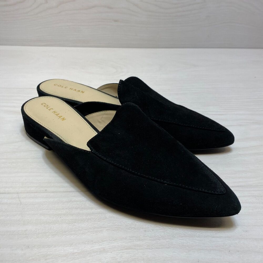 Cole Haan Piper Mules Flats Women's Size 6.5B Black Suede Pointed-Toe Slip On